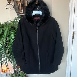 NWOT Hal Rubenstein Black Zippered Jacket Hood w/ Faux Fur Trim Winter Coat